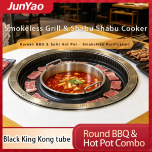 commercial smokeless bbq & hot pot combo table – round, korean style, black king kong tube
