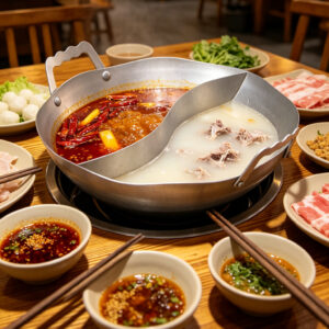 lotus & mountain vintage hot pot – hammered three layer steel, antique copper yin yang design for guizhou sour soup
