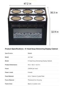 6 head soup simmering display cabinet – 2000w per head, titanium crystal plate, for open kitchen & chain restaurants