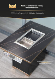 customizable smoke free bbq & hotpot table – marble / sintered stone / stainless steel tops with built in induction & grill combo