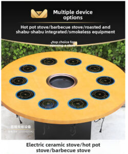 customizable smoke free bbq & hotpot table – marble / sintered stone / stainless steel tops with built in induction & grill combo