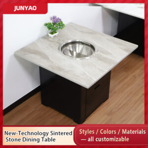 sintered stone hotpot table with built in induction cooktop – commercial gas & smokeless bbq combo unit with solid wood chairs and marble finish