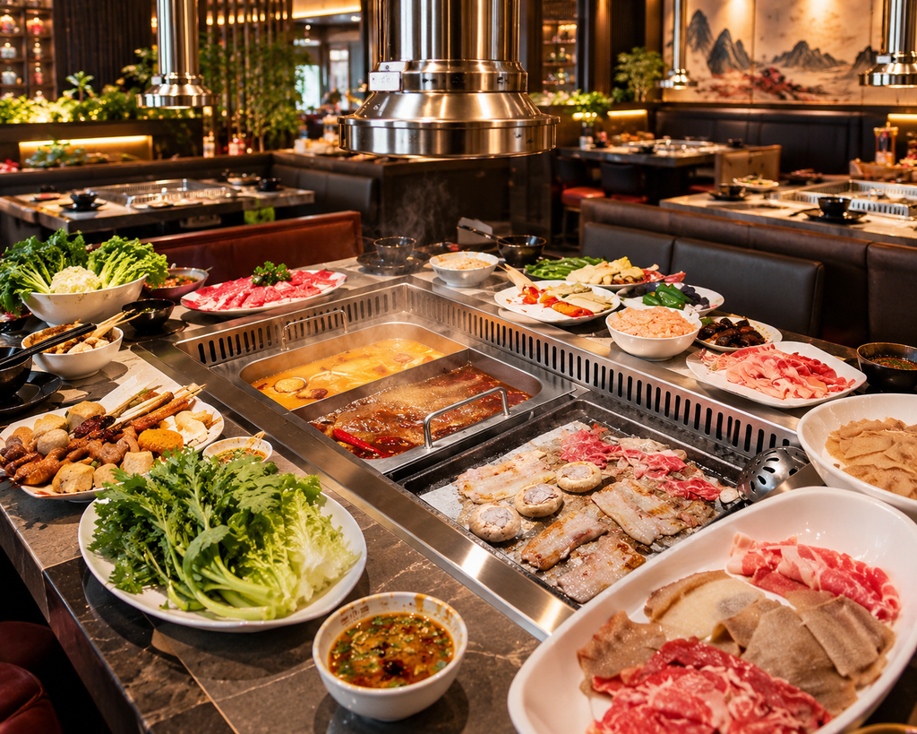 Commercial hot pot restaurant with smokeless hot pot tables