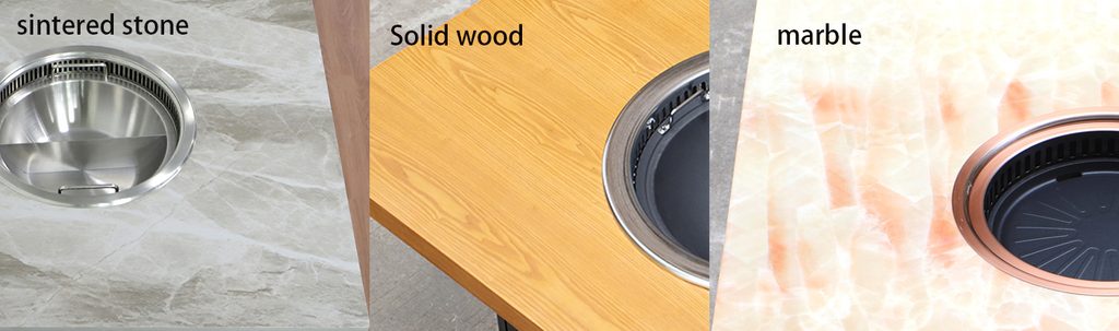Rock slab marble and solid wood tabletop material comparison